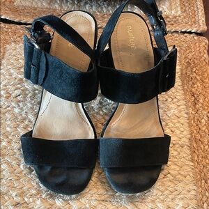 Nurture Black Suede Block Heel Sandals with Buckle Strap